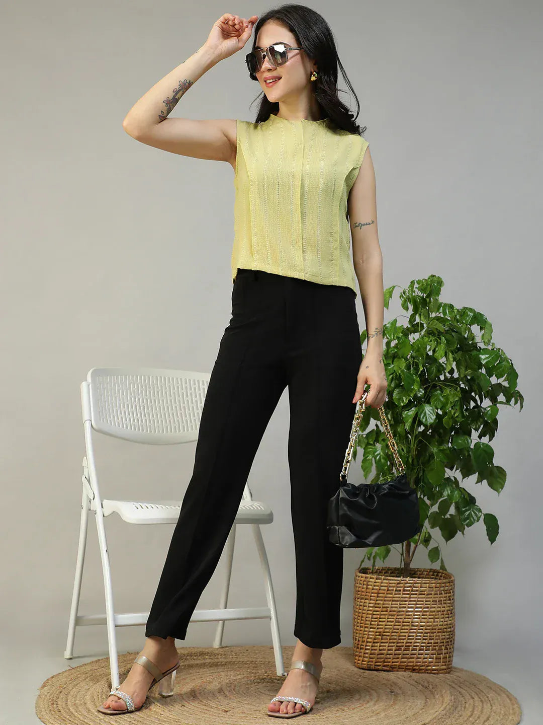 Women Yellow Round Neck Sleeveless Top With Side Zip Closure