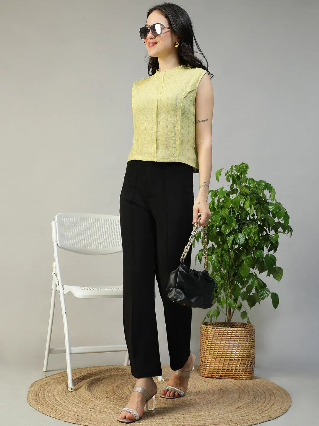 Women Yellow Round Neck Sleeveless Top With Side Zip Closure