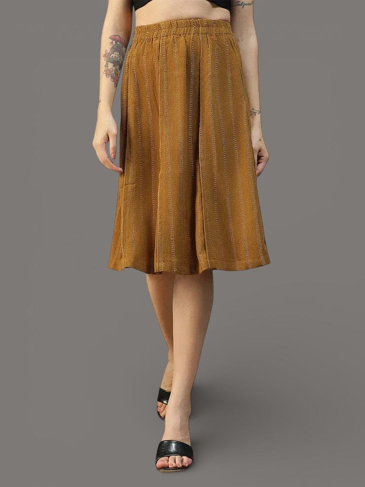 Women Mustard Stripe Knee-Length Skirt with Elastic Waist