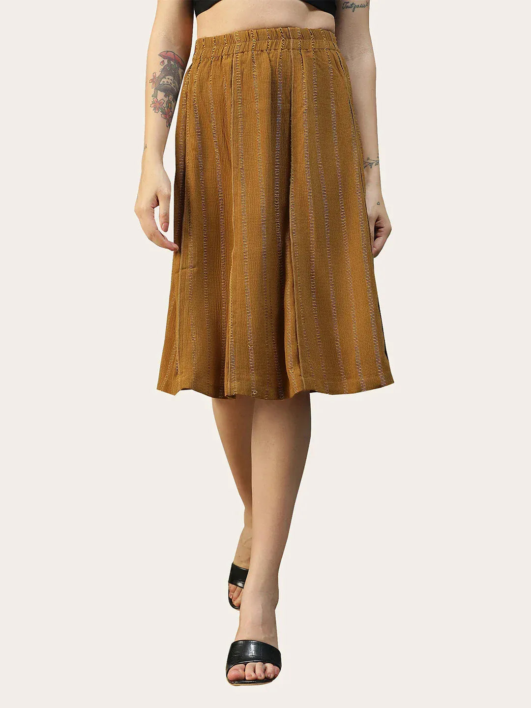 Women Mustard Stripe Knee-Length Skirt with Elastic Waist