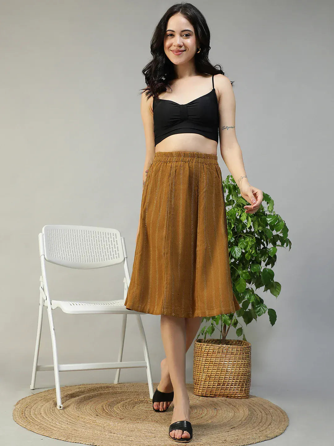 Women Mustard Stripe Knee-Length Skirt with Elastic Waist