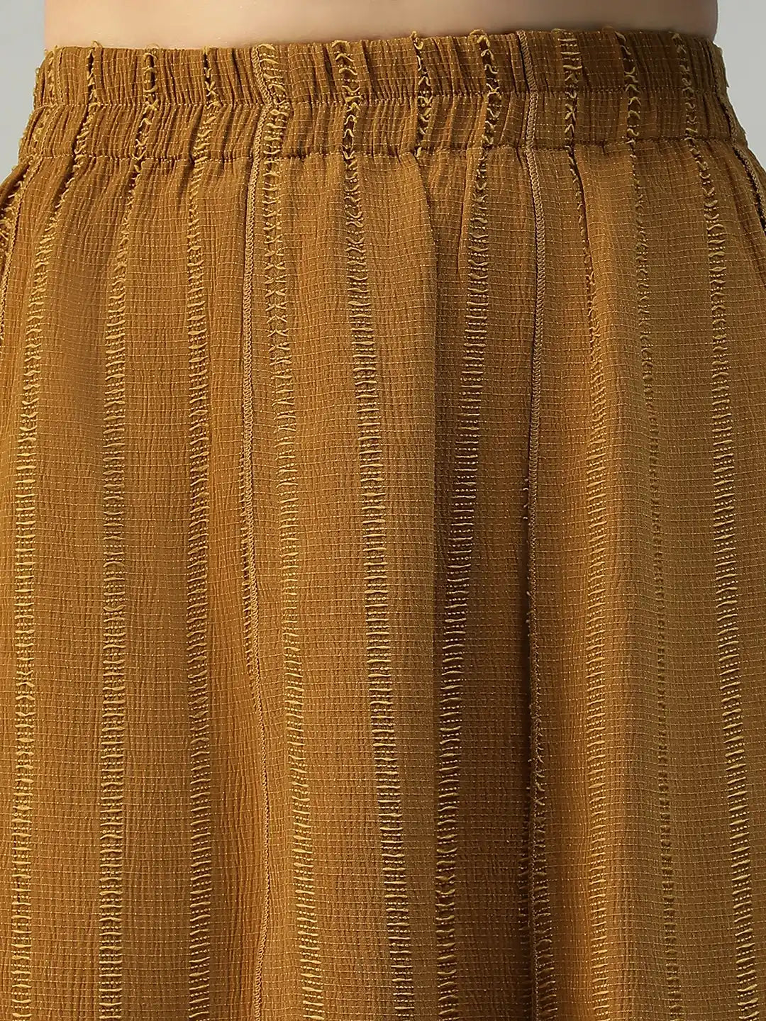 Women Mustard Stripe Knee-Length Skirt with Elastic Waist