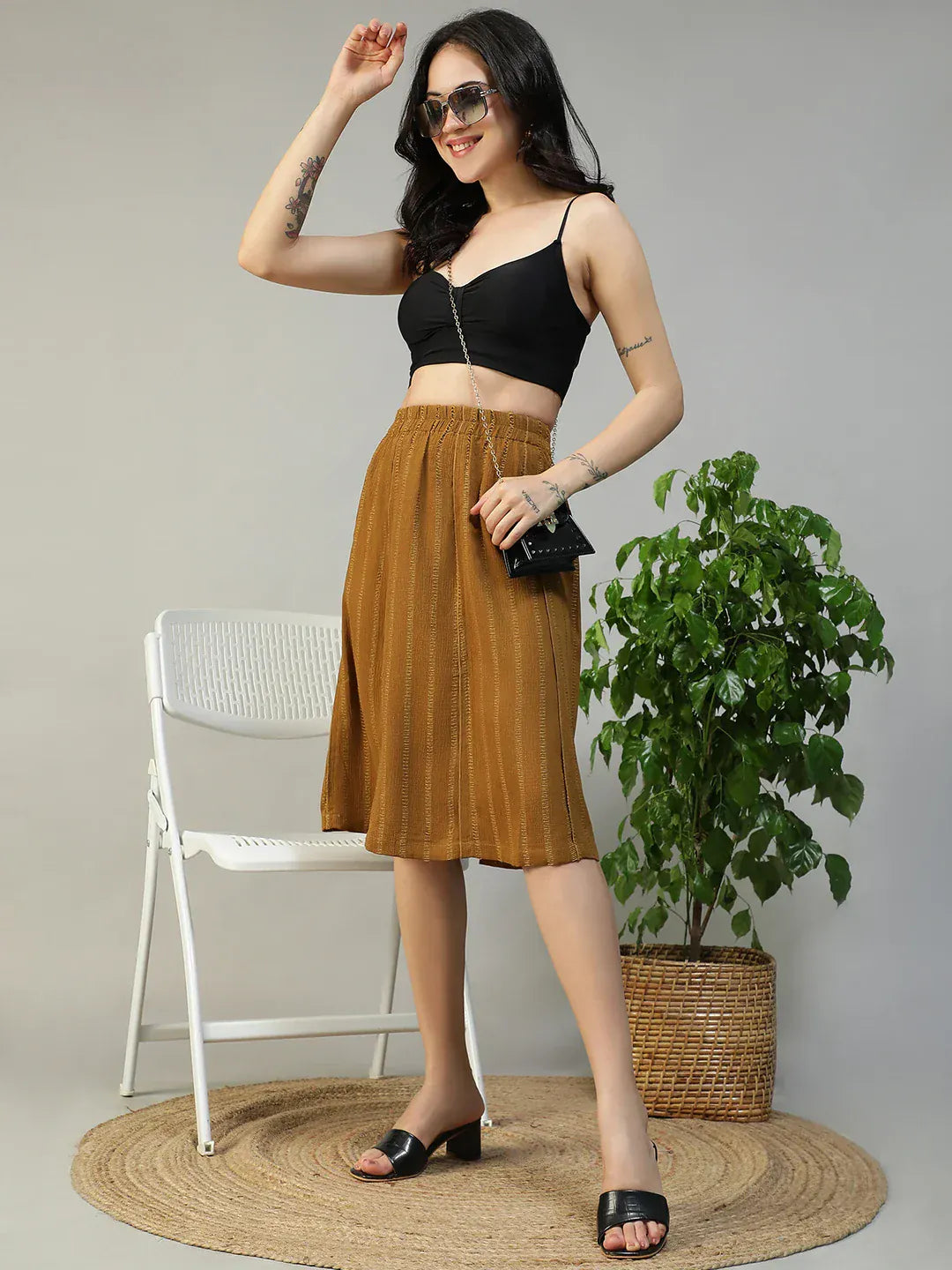 Women Mustard Stripe Knee-Length Skirt with Elastic Waist