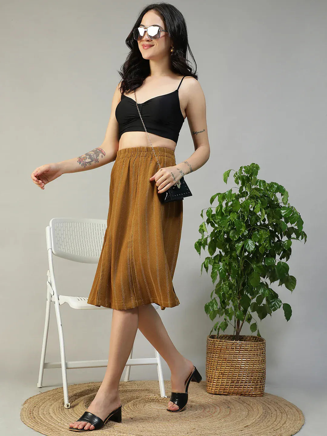 Women Mustard Stripe Knee-Length Skirt with Elastic Waist