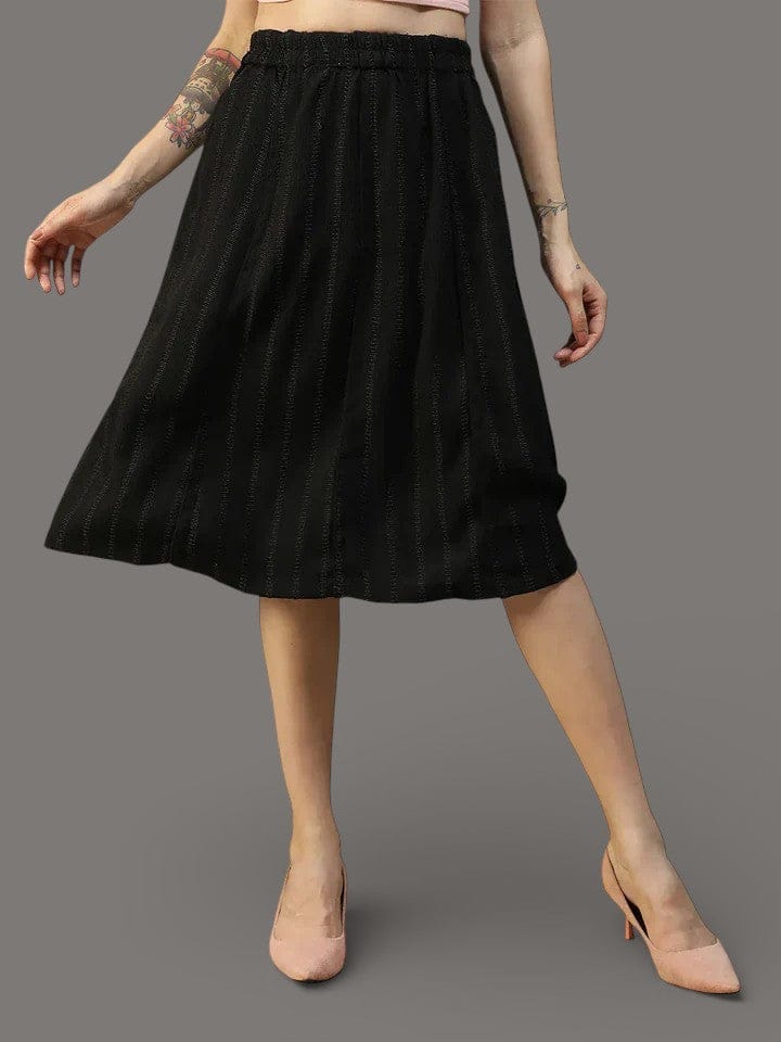 Women Black Stripe Knee-Length with Elasticated Skirt