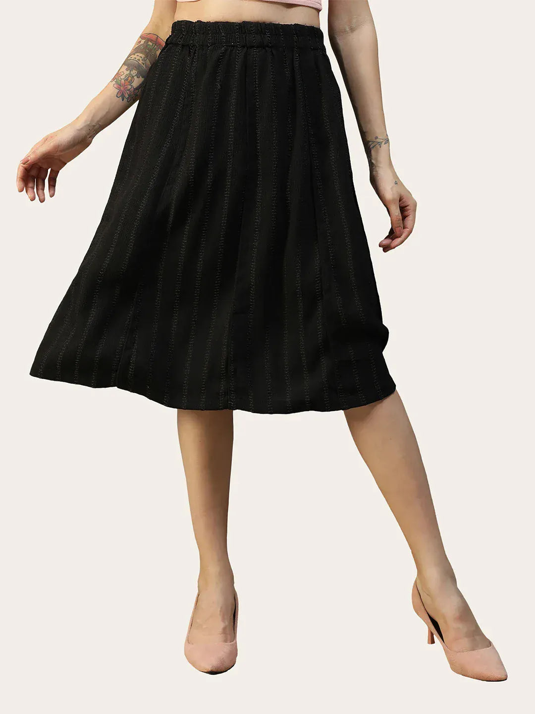 Women Black Stripe Knee-Length with Elasticated Skirt