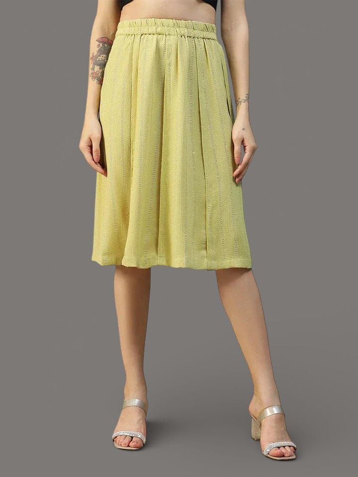 Women Green Stripe Knee-Length with Elasticated Waist Skirt