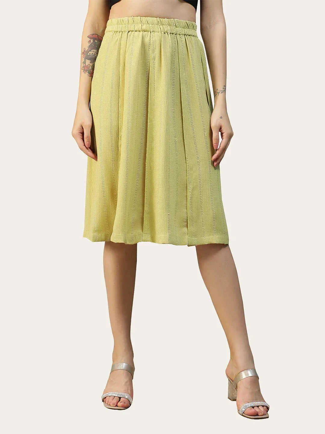 Women Green Stripe Knee-Length with Elasticated Waist Skirt