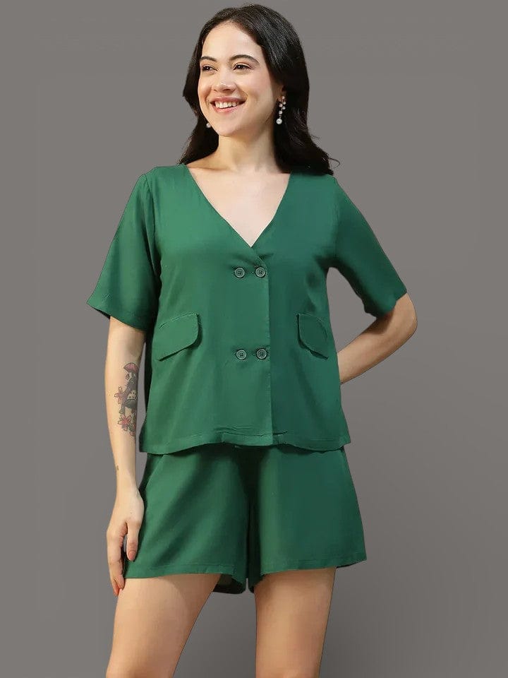 Green V-Neck Top & Elastic Shorts | Women’s Co-ord Set