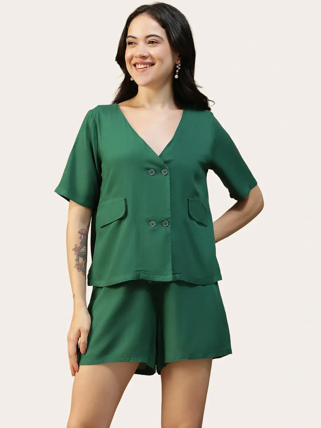 Green V-Neck Top & Elastic Shorts | Women’s Co-ord Set