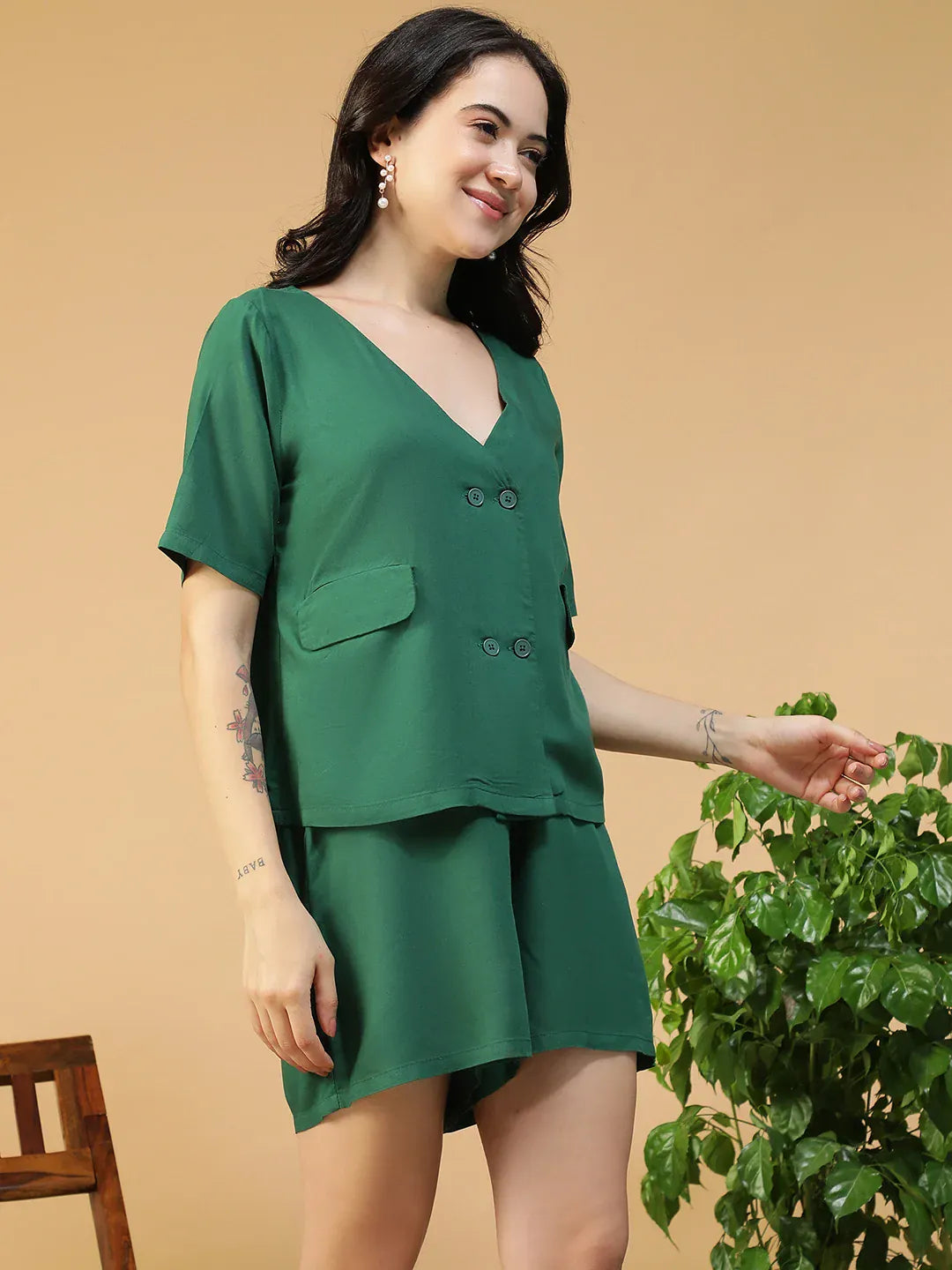 Green V-Neck Top & Elastic Shorts | Women’s Co-ord Set