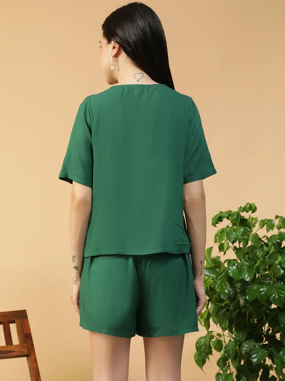 Green V-Neck Top & Elastic Shorts | Women’s Co-ord Set