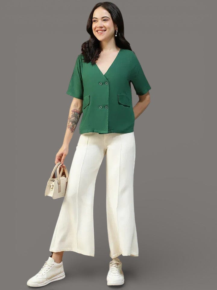 Women Solid Green V-Neck Button Down Top With Front Pockets