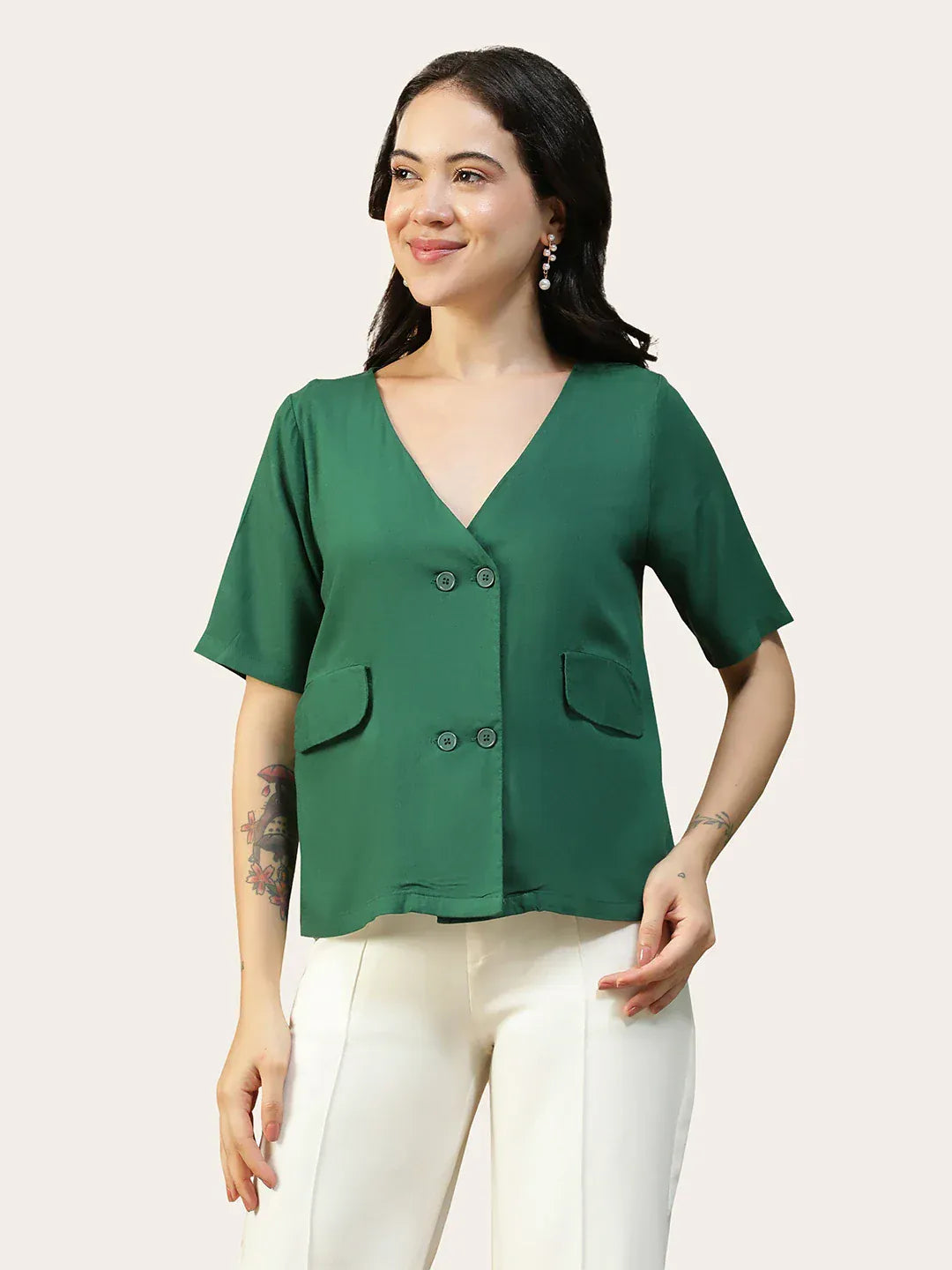 Women Solid Green V-Neck Button Down Top With Front Pockets