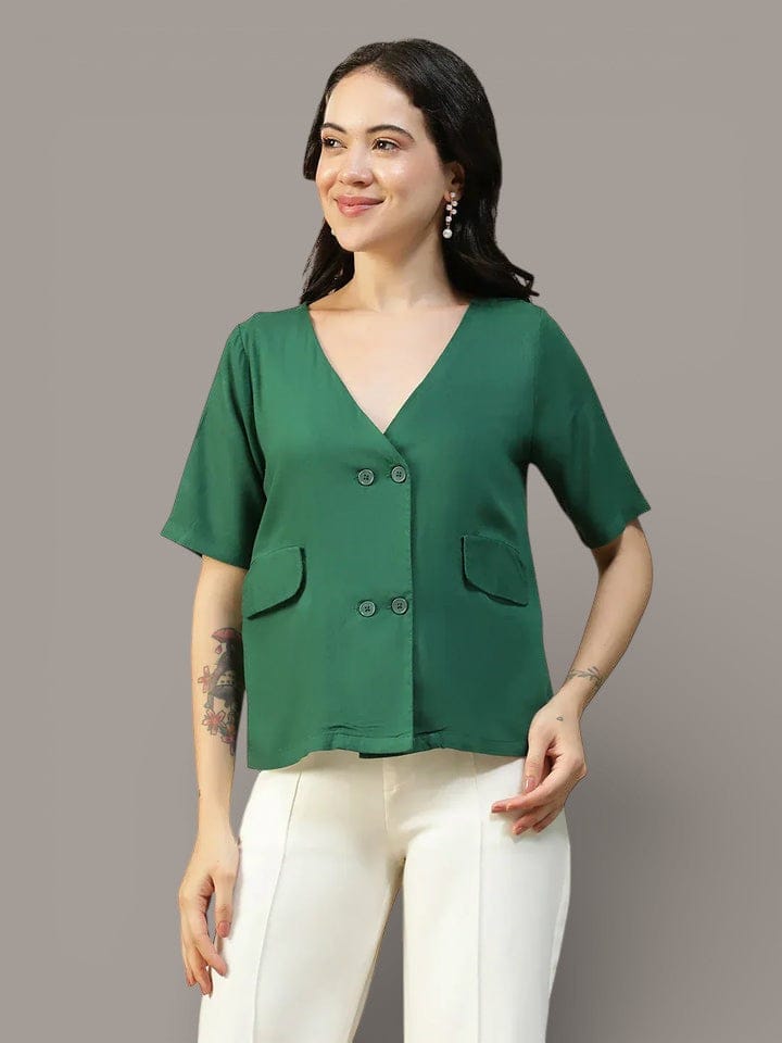 Women Solid Green V-Neck Button Down Top With Front Pockets