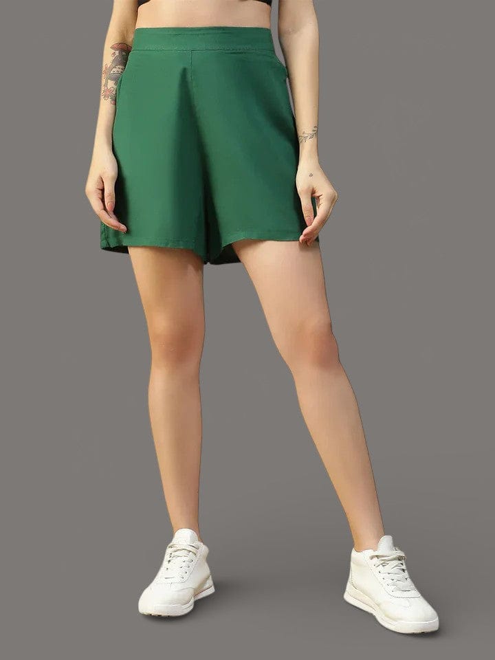 Women Green Elasticated Shorts with Side Pockets