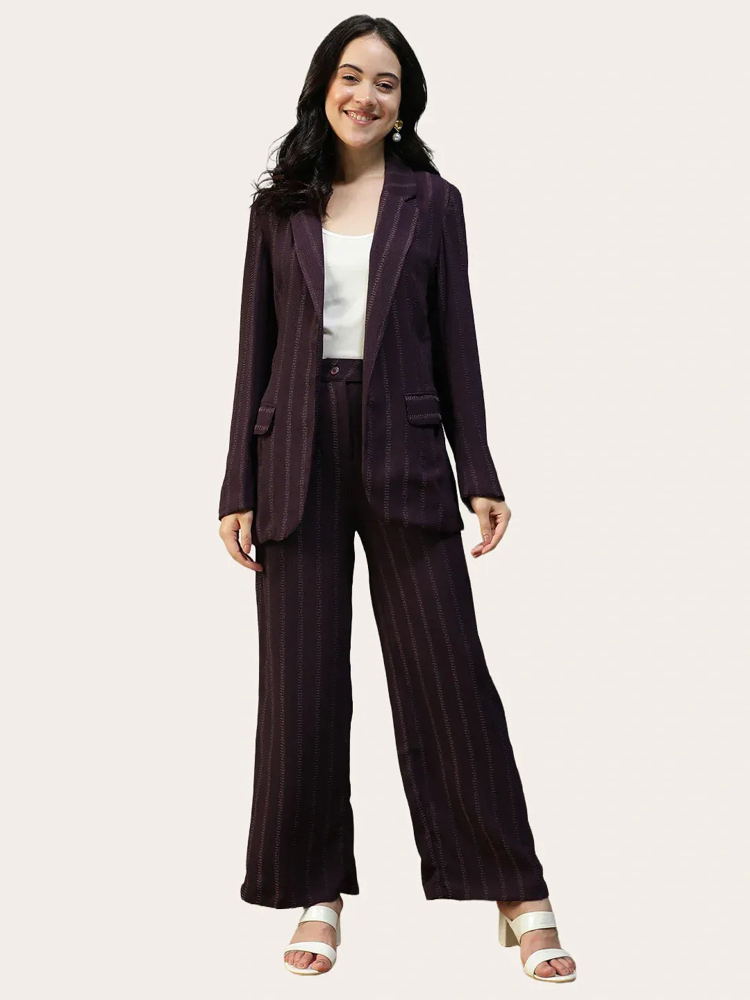 Purple Stripe Women Co-Ord Set | Button-Down Blazer