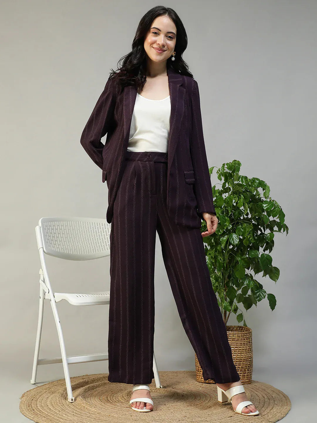 Purple Stripe Women Co-Ord Set | Button-Down Blazer