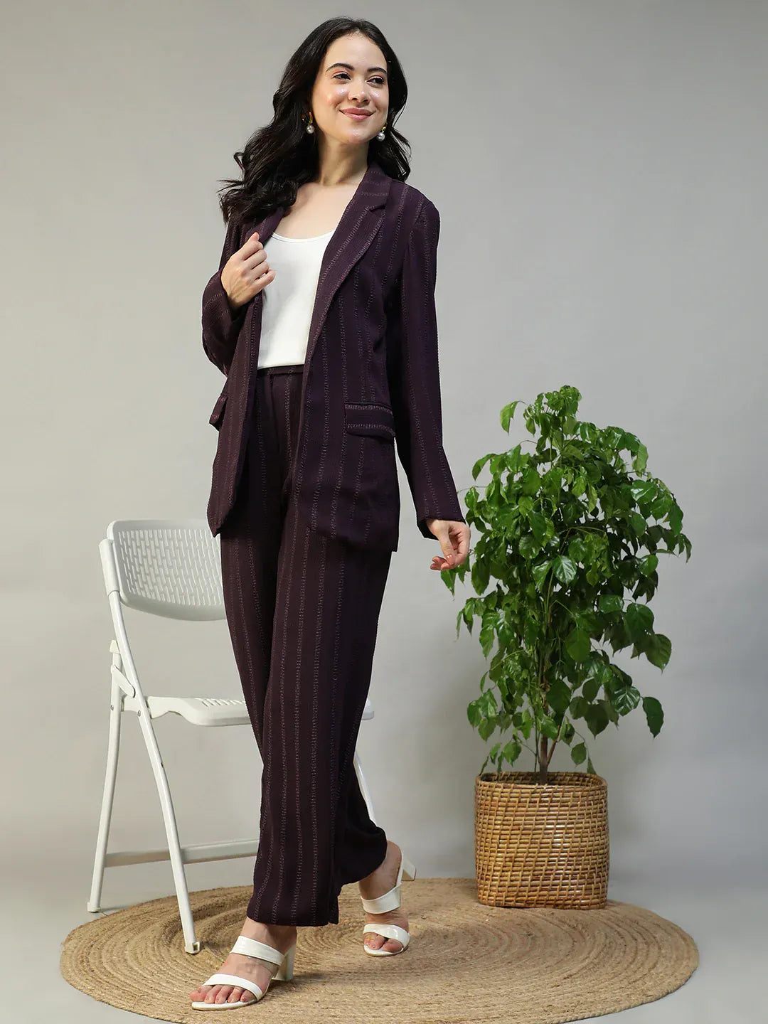 Purple Stripe Women Co-Ord Set | Button-Down Blazer