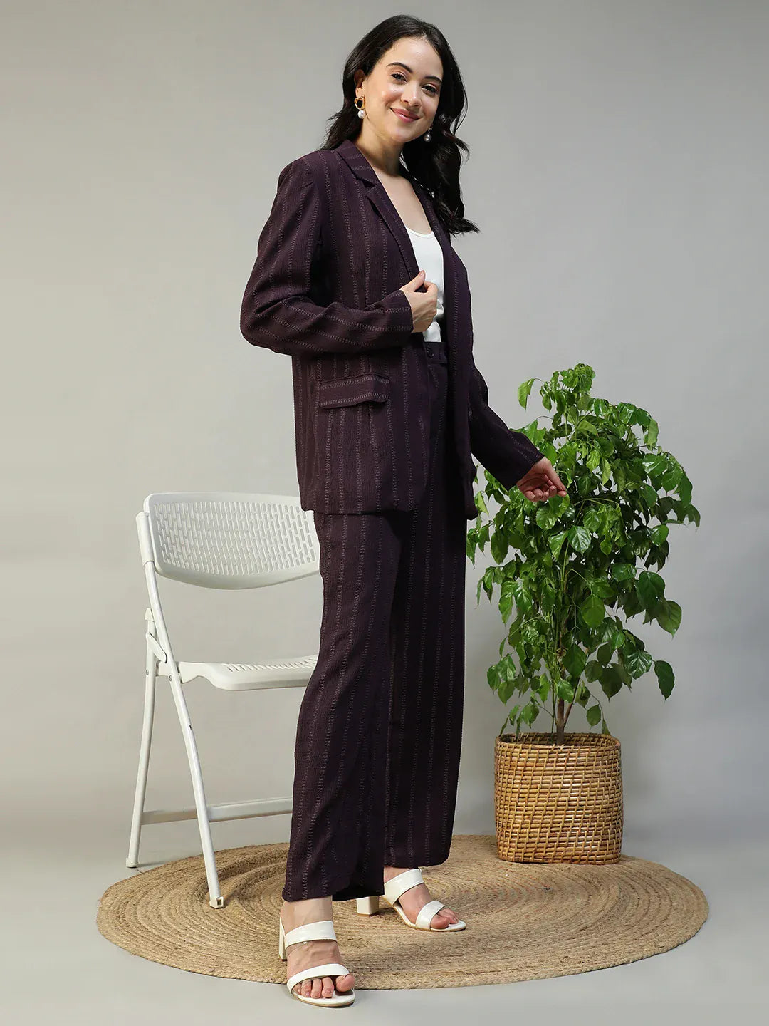 Purple Stripe Women Co-Ord Set | Button-Down Blazer