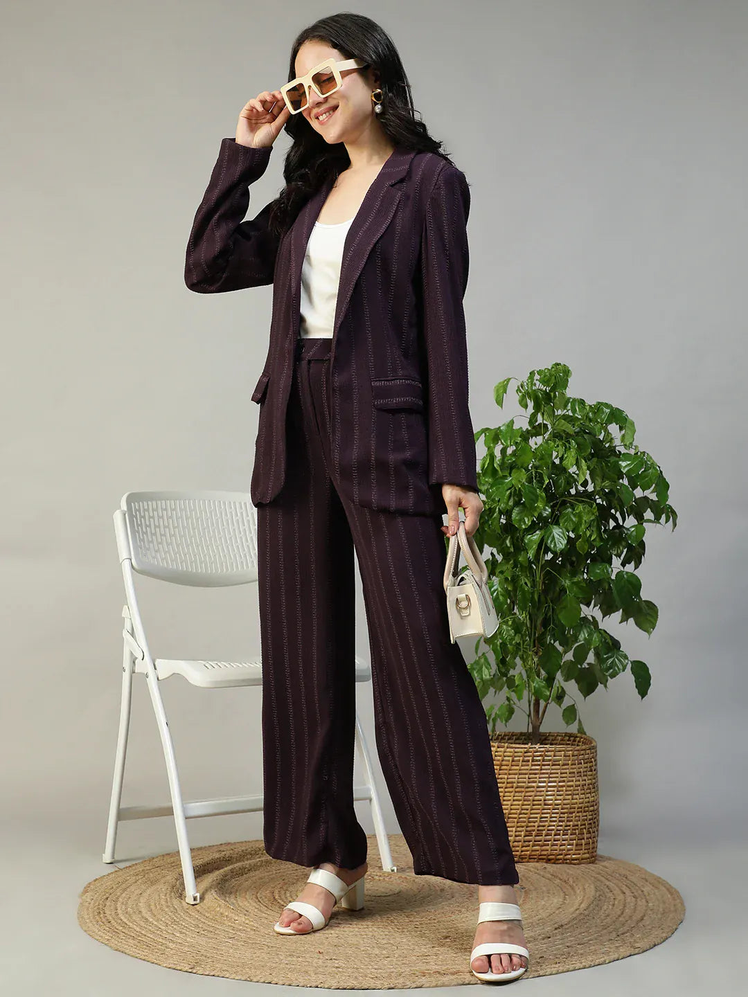 Purple Stripe Women Co-Ord Set | Button-Down Blazer
