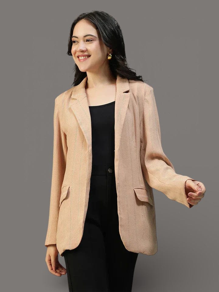 Women Beige Stripe Dobby Button-Down Blazer With Front Pockets | Oxolloxo
