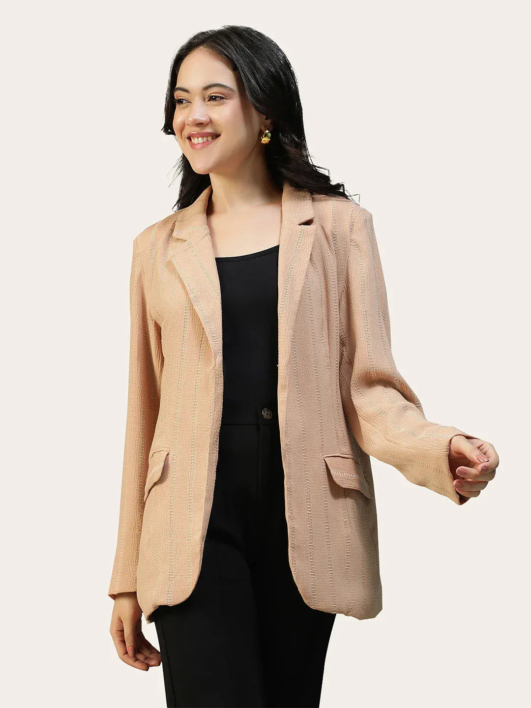 Women Beige Stripe Dobby Button-Down Blazer With Front Pockets | Oxolloxo