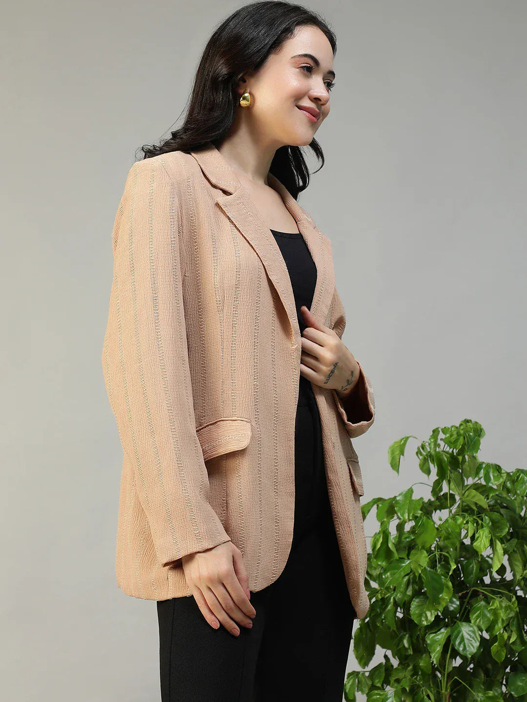 Women Beige Stripe Blazer