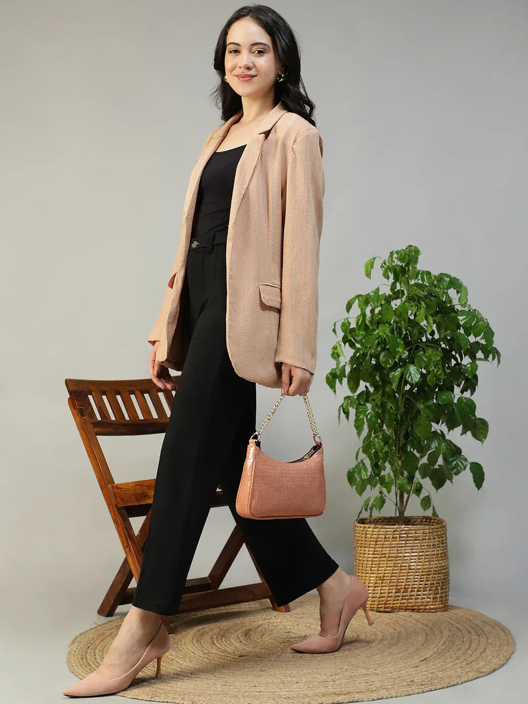 Women Beige Stripe Blazer