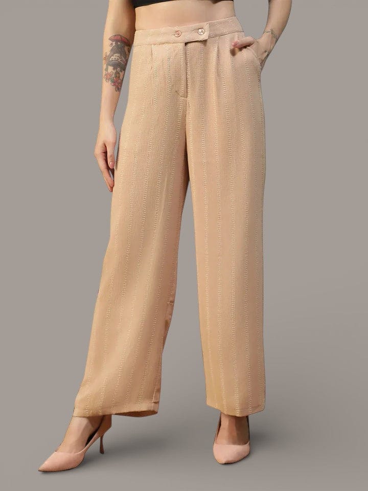 Women Beige Straight Pants with Zip & Button Closure
