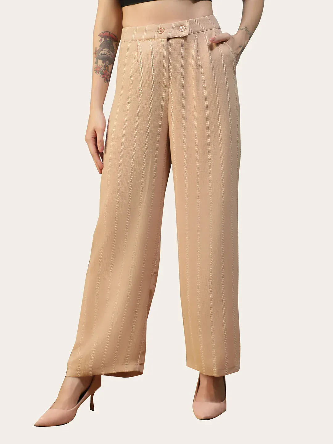 Women Beige Straight Pants with Zip &amp; Button Closure