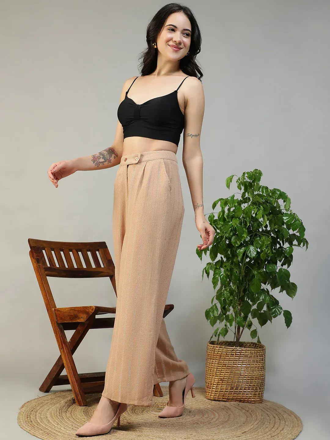 Women Beige Straight Pants with Zip &amp; Button Closure