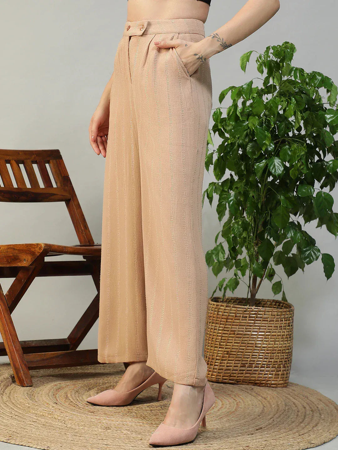 Women Beige Straight Pants with Zip & Button Closure