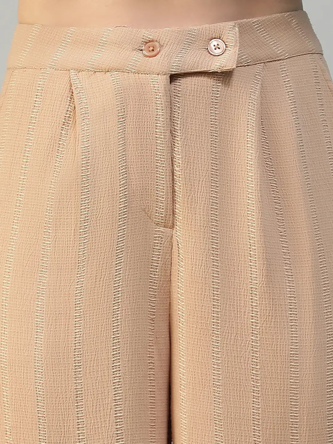 Women Beige Straight Pants with Zip & Button Closure