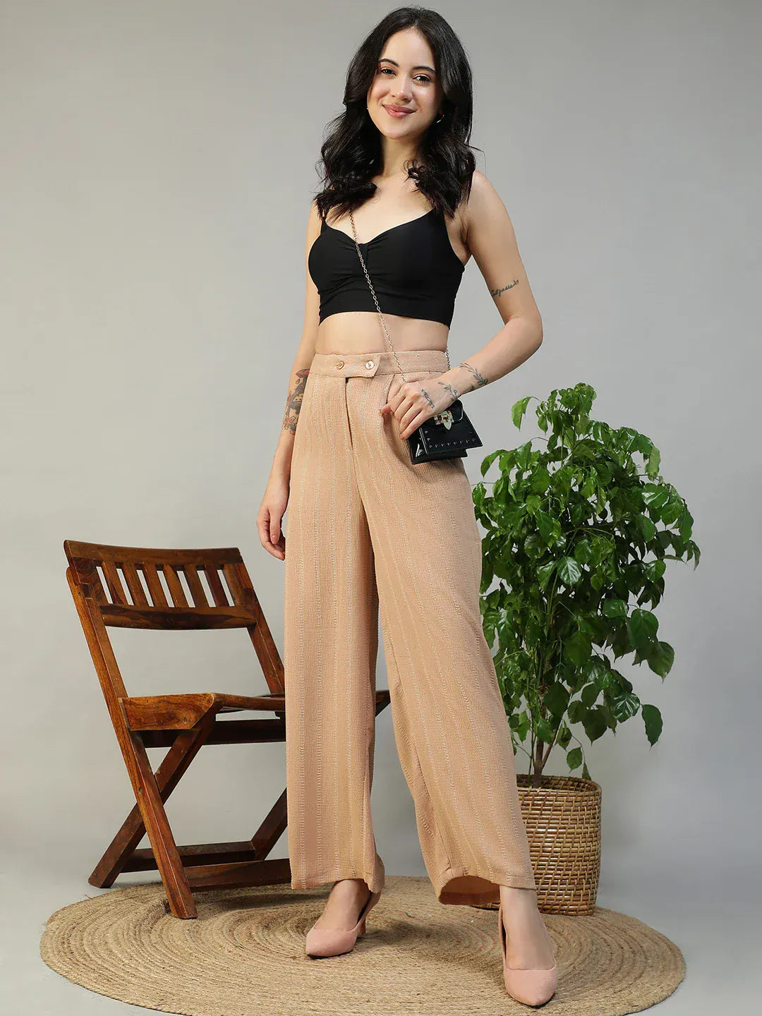 Women Beige Straight Pants with Zip & Button Closure