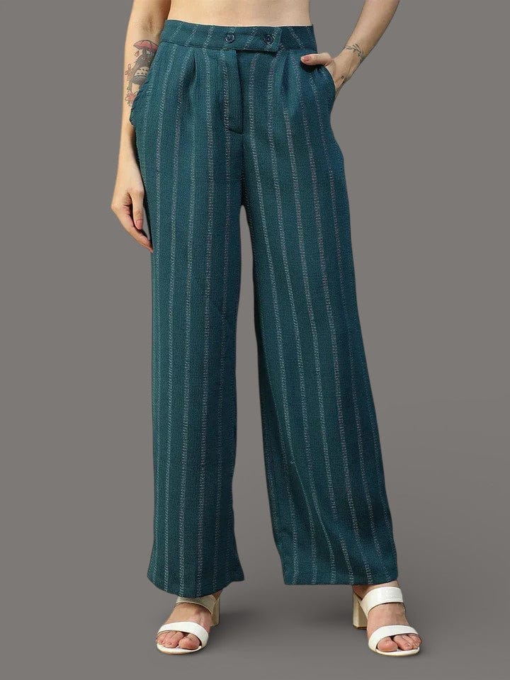 Women Teal Straight Pants with Zip & Button Closure