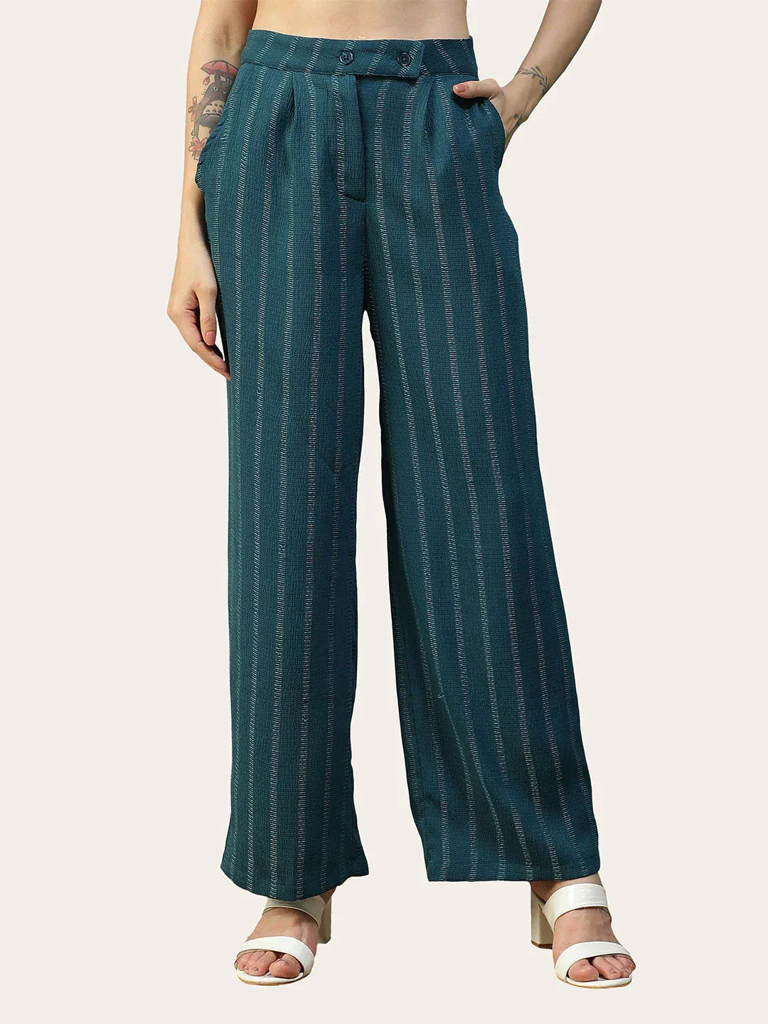 Women Teal Straight Pants with Zip &amp; Button Closure