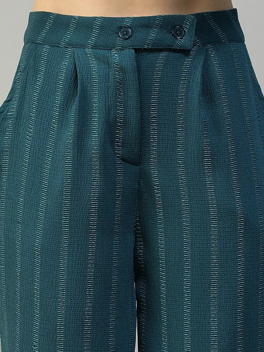 Women Teal Straight Pants with Zip &amp; Button Closure