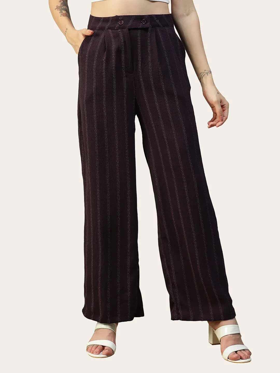 Women Purple Straight Pants with Zip &amp; Button Closure