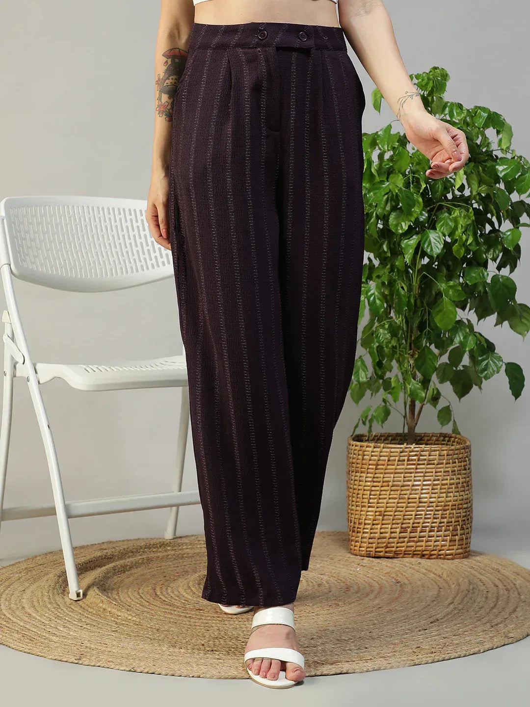 Women Purple Straight Pants with Zip &amp; Button Closure