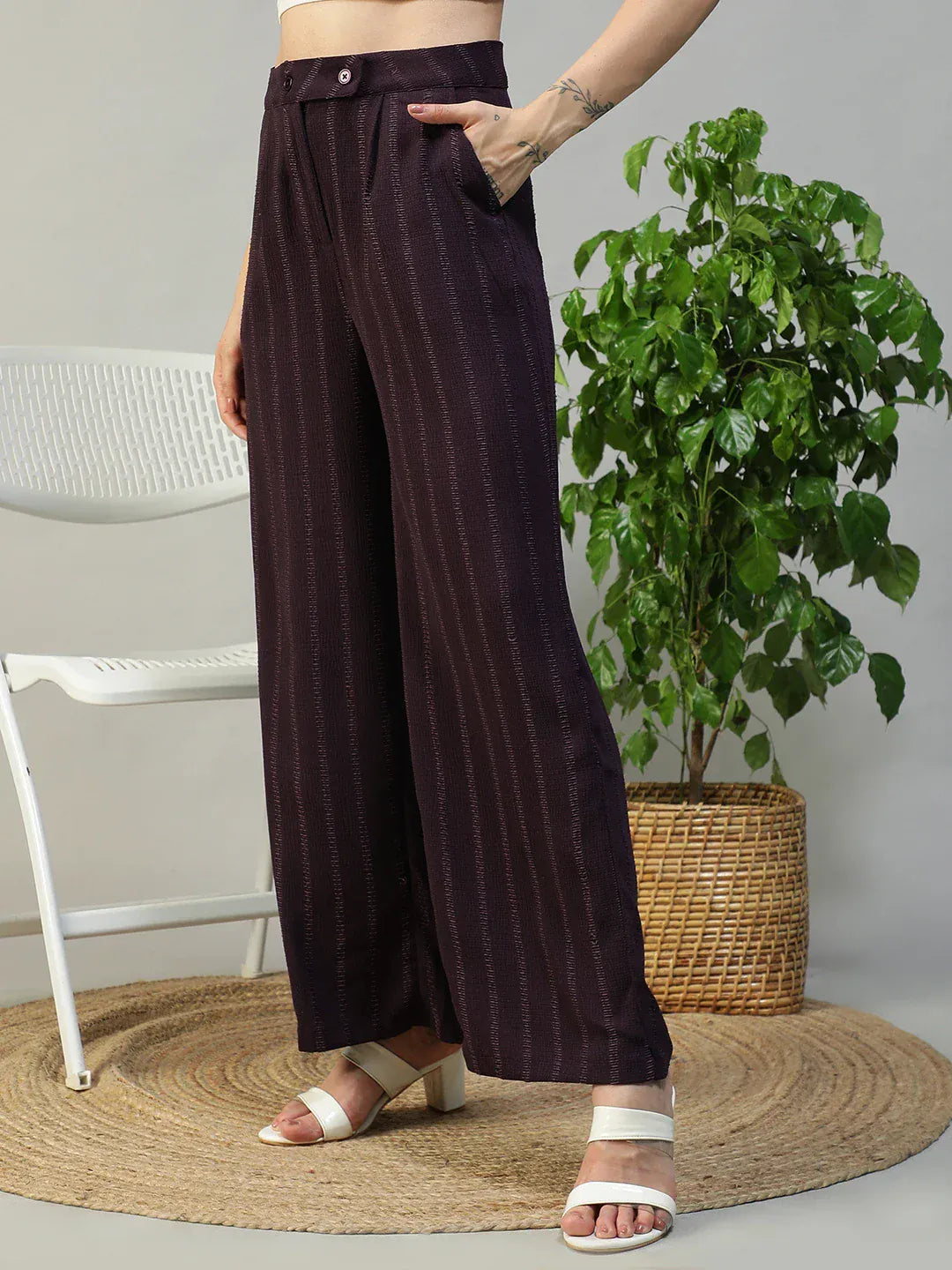 Women Purple Straight Pants with Zip & Button Closure