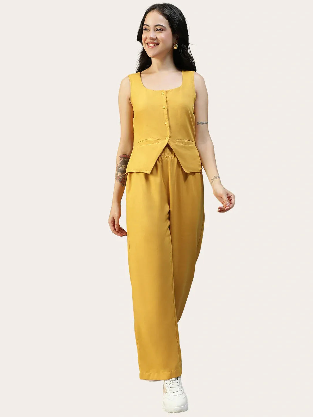 Yellow Cotton Linen Women Co-Ord Set