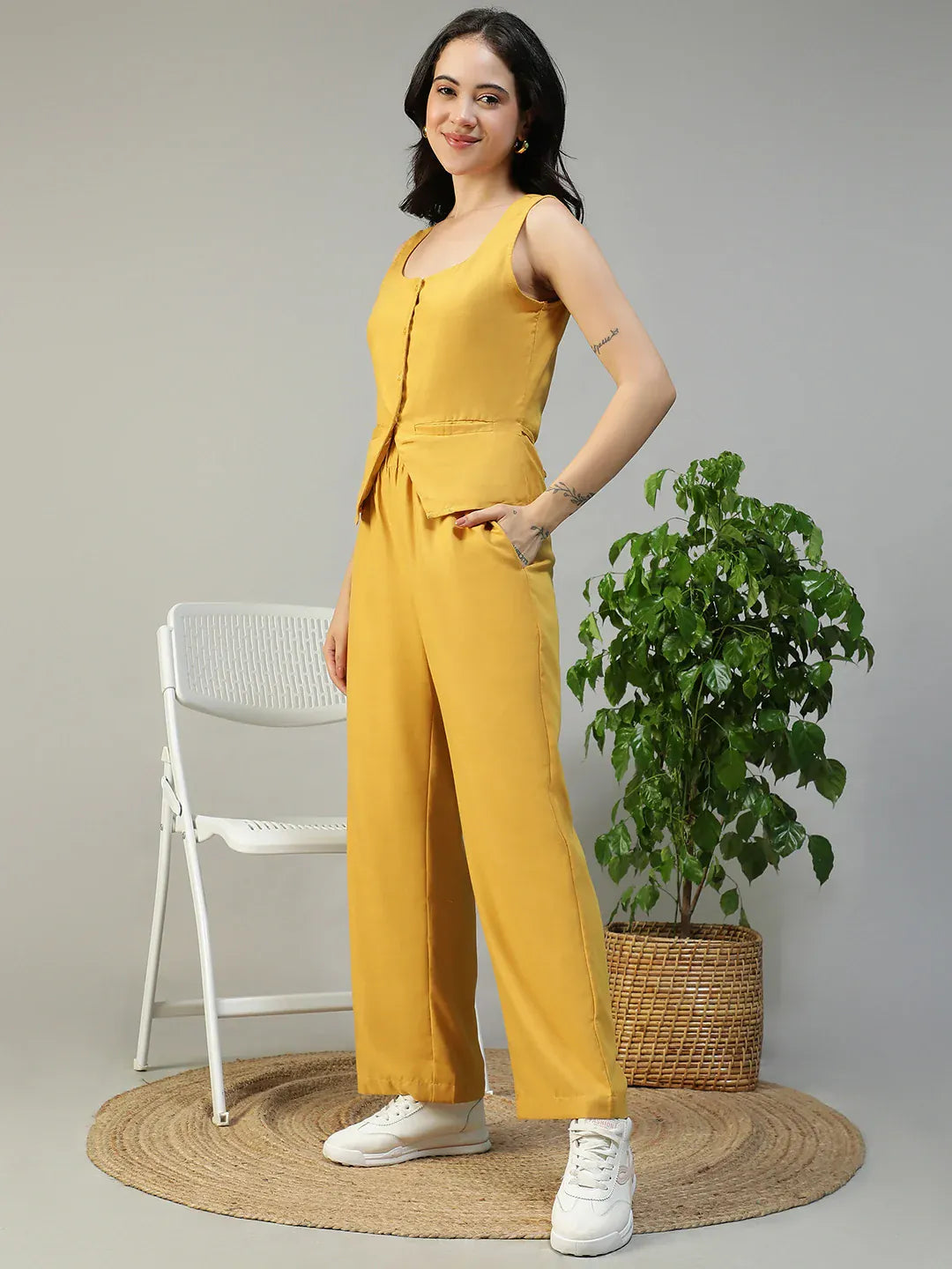 Yellow Cotton Linen Women Co-Ord Set