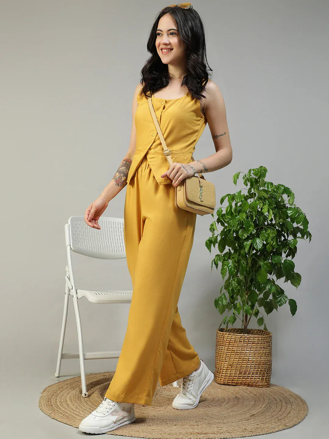 Yellow Cotton Linen Women Co-Ord Set