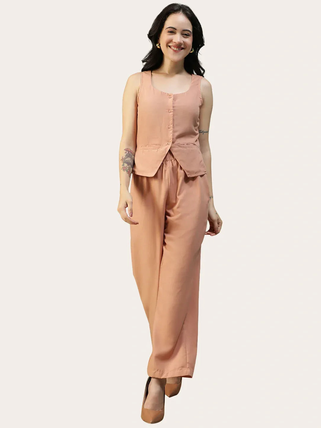 Peach Cotton Linen Women Co-Ord Set