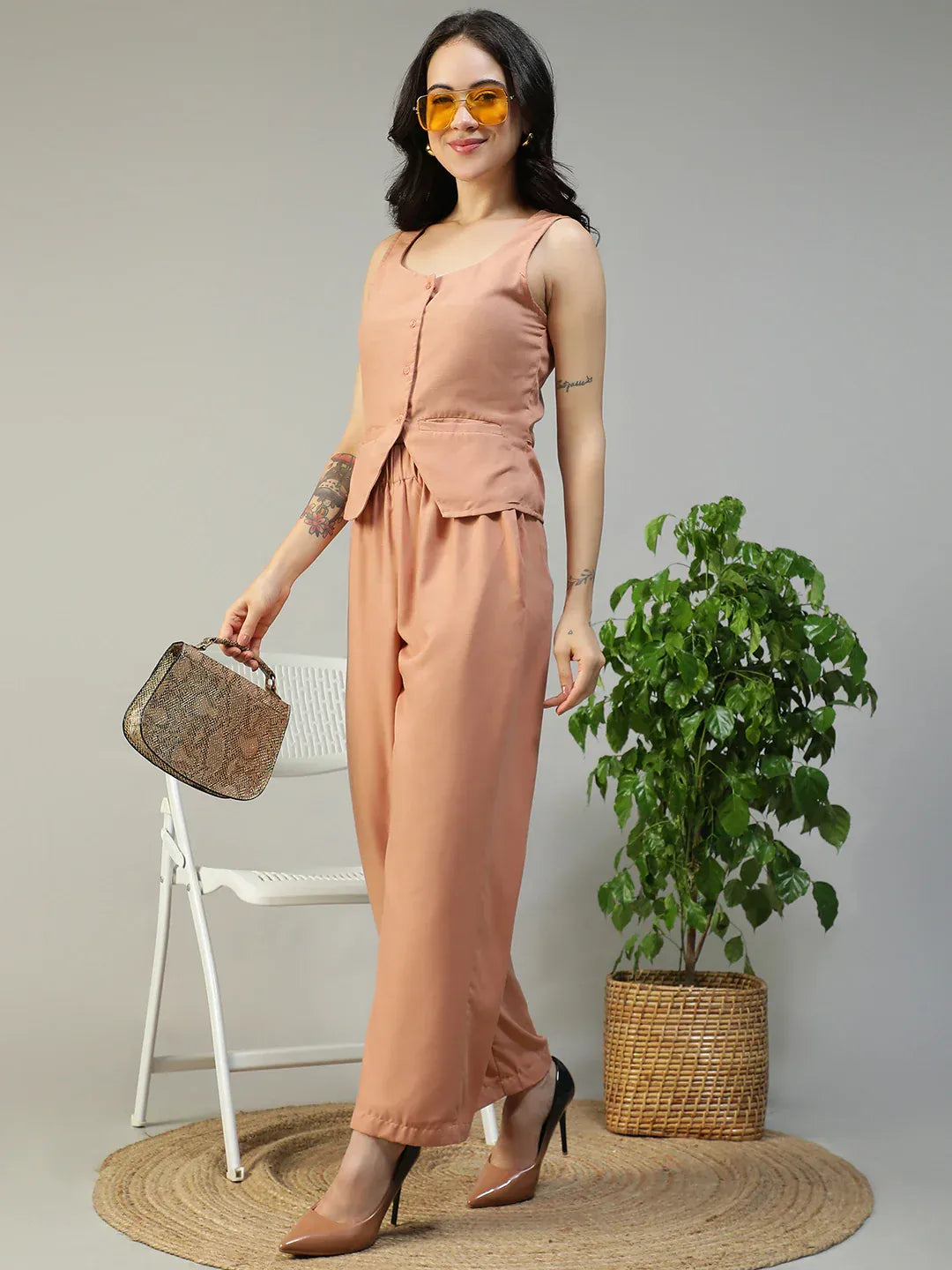 Peach Cotton Linen Women Co-Ord Set