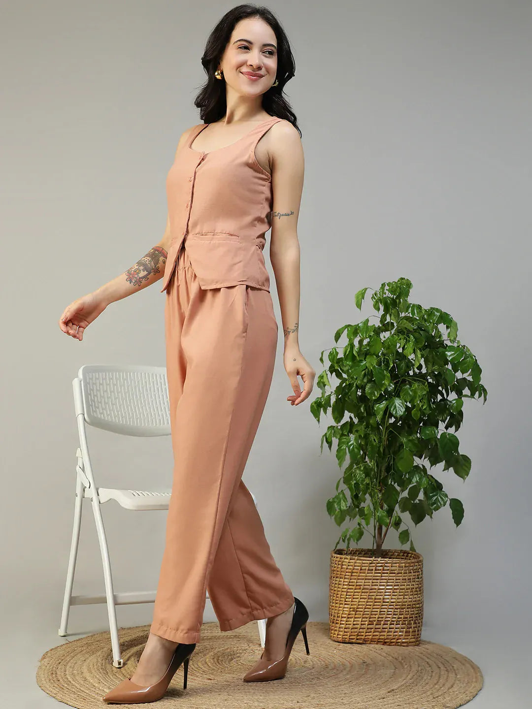 Peach Cotton Linen Women Co-Ord Set