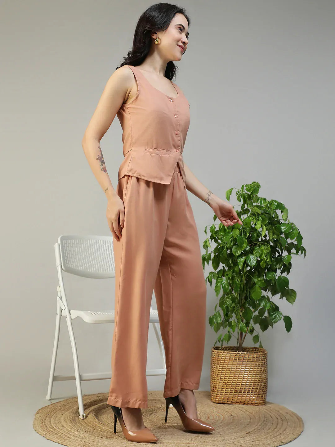 Peach Cotton Linen Women Co-Ord Set