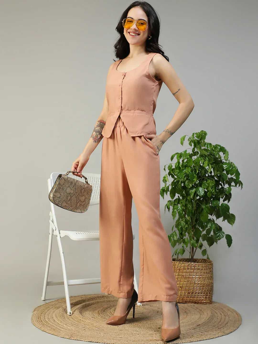 Peach Cotton Linen Women Co-Ord Set