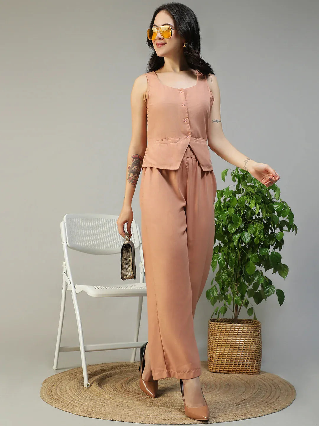 Peach Cotton Linen Women Co-Ord Set